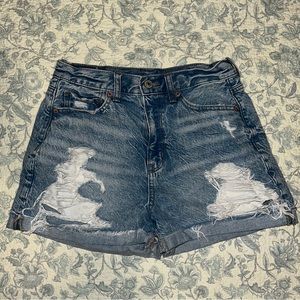 american eagle mid/high waisted distressed mom jean shorts
